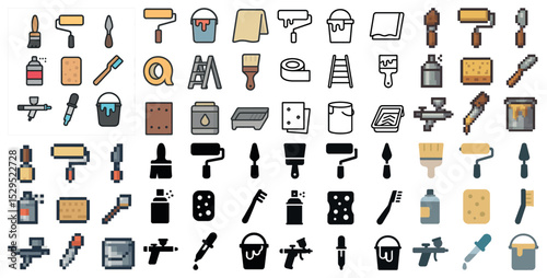 Home improvement tools icons set – pixel art, renovation, repair graphics