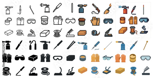 Welding tools icons set – pixel art, silhouette, equipment and safety symbols