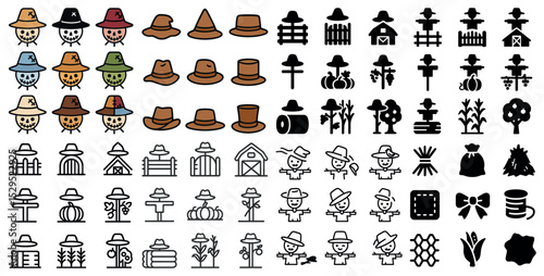 Farm and garden icons set – flat, outline, agricultural and rural symbols