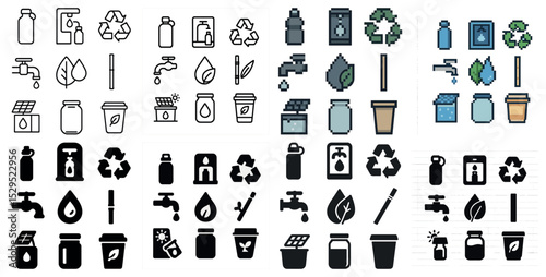 Environment and recycling icons set – pixel art, solid, eco-friendly, sustainability symbols