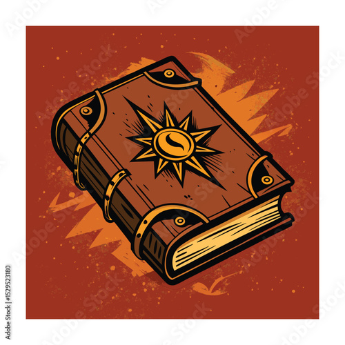 Mystical Book with Sun Emblem: Fantasy, Magic, and Adventure Illustration