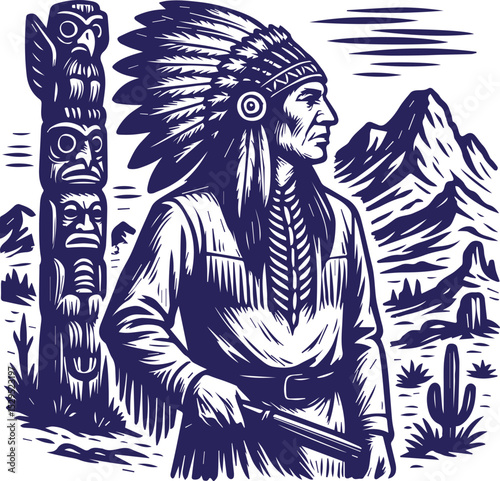 Native American chief with headdress and totem in vintage line art