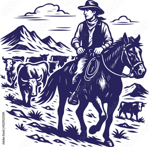Cowboy herding cattle on horseback in vintage line art style
