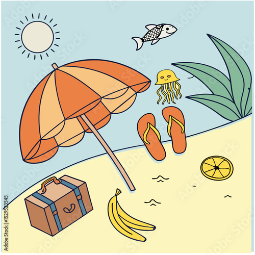 Summer Frame and Illustration Set,Umbrella, orange, banana, glasses, lemon, slippers, fish, jellyfish, drink, box