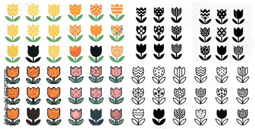 Floral and botanical icons set – silhouette, solid, garden and nature symbols