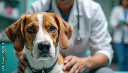 Dog at the veterinary clinic: calm beagle receives checkup veterinarian