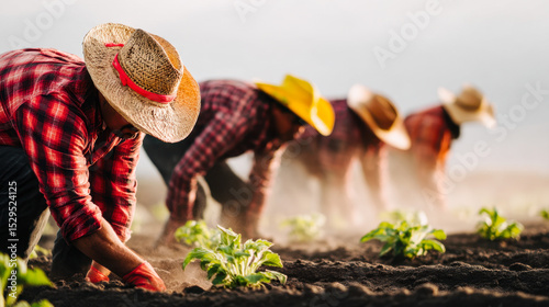 Hardworking Hispanic immigrant farm workers cultivating crops on a sunny day in the fields