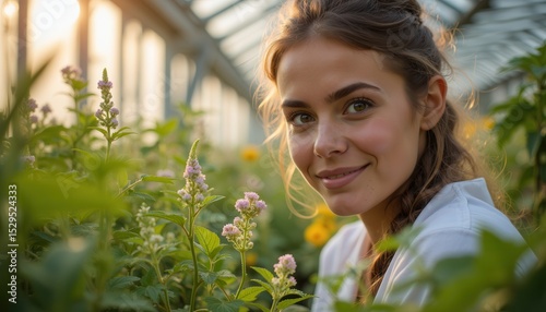 Woman enjoying nature in greenhouse surrounded lush plants