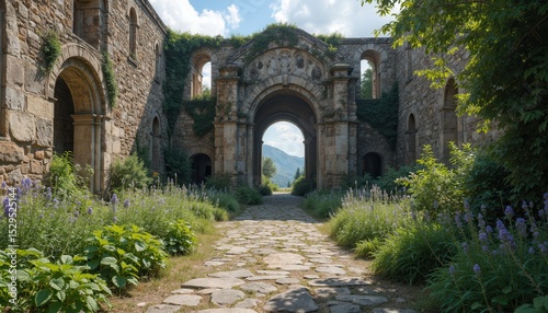 Ancient archway surrounded lush greenery wildflowers