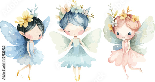 Watercolor Illustration of Three Cute Fairies with Flower Crowns and Delicate Wings Perfect for Children s Books Nursery Decor or Fantasy Themed Designs on a