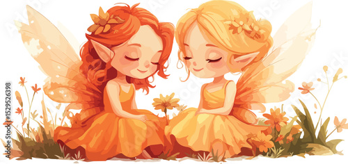 Two Adorable Cartoon Fairy Sisters with Wings Sitting in a Meadow of Flowers Redhead and Blonde Wearing Orange Dresses Isolated on White Background Fantasy Illustration