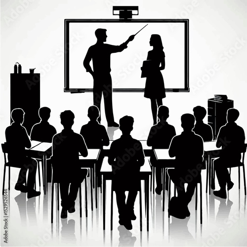 A black and white silhouette of a group of students listening to a classmate's answer to a teacher's question on an isolated white background. Vector graphics. EPS.