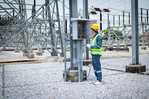 Wallpaper Mural Engineer is working attentively at high voltage substation wearing safety gear and yellow helmet while inspecting electrical equipment in outdoor industrial environment Torontodigital.ca