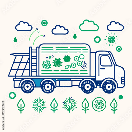 Truck transporting plant life and natural elements in a graphic style  