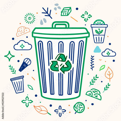 Recycling bin illustration with leaves and eco-friendly icons  
