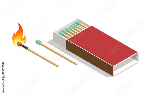 Isometric matches in a box, a match is burning, a match is lying on the table. Box of matches isolated on white background.