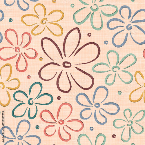 Seamless vector hand drawn flowers on linen texture pattern