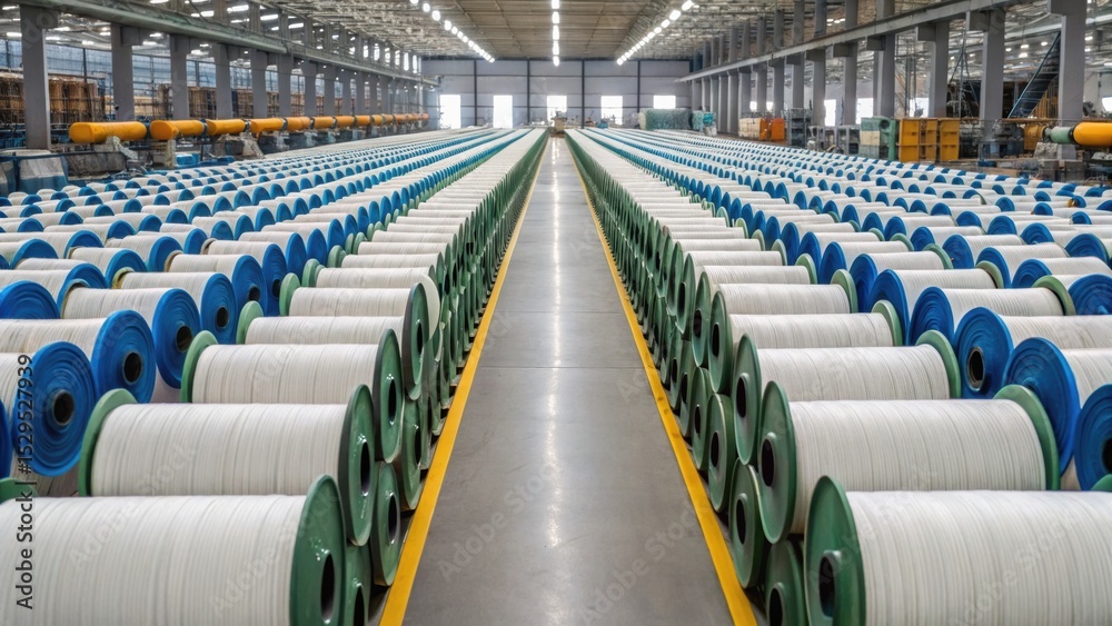 Fototapeta premium Large factory space filled with neatly arranged rolls of material, showcasing an organized industrial environment.