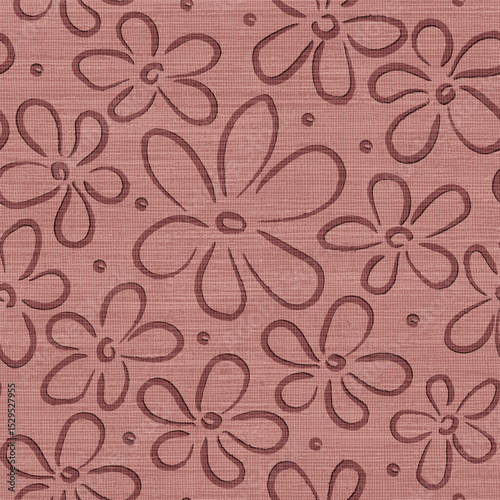 Seamless vector hand drawn flowers on linen texture pattern