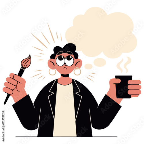 Trendy sketchy draw of wealthy woman penting with brush vector illustration.