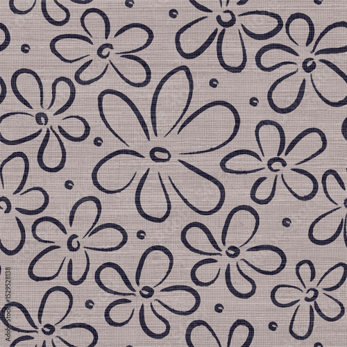 Seamless vector hand drawn flowers on linen texture pattern