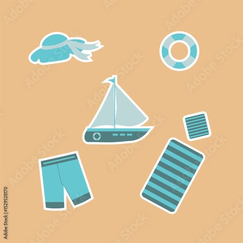 Summer relaxation  sticker  pack beach accessories and marine themed stickers with  white  outlines. Perfect for decorating  journals, social media, and personal projects. 