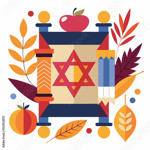 Shemini Atzeret Holiday Symbols Vector Illustration on White Background