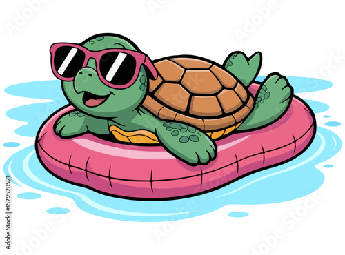 Funny cartoon turtle floating air balloon on water with sunglass.