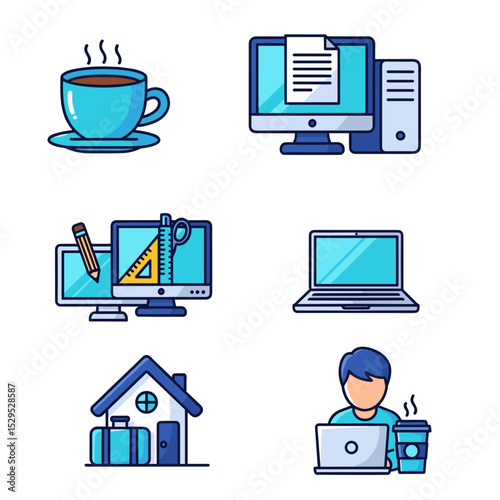 Flat vector set of remote work and online learning icons including computer, coffee, and people at laptops.