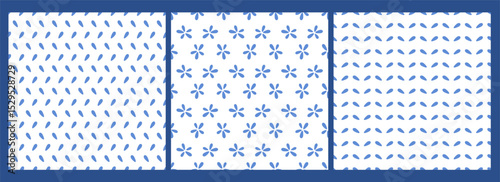 Set of abstract floral seamless patterns. Simply blue plants and bunch of flowers on white background. Doodle hand drawn nature signs. Minimalistic templates. Vector