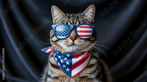 A tabby cat wearing american flag sunglasses and bandana against a dark draped background