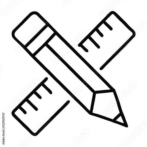 Pencil and Ruler Icon: Sleek line art depicting a pencil crossed with a ruler, symbolizing precision and creativity in design.