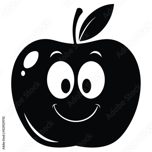 Happy cartoon black apple displays friendly smile and playful eyes in monochrome style