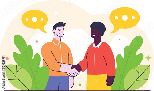 Two diverse business people shaking hands in partnership agreement with speech bubbles and green plants background illustration