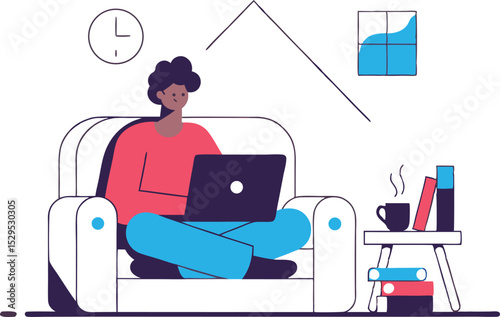 Young woman working from home on laptop sitting on couch in modern living room remote work freelancer lifestyle vector illustration