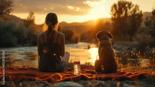 Relaxed woman and dog enjoying summer sunset on a hill. and drinks water from a reusable bottle.
