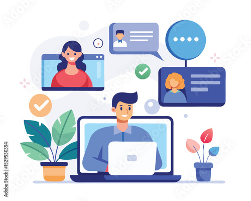 Online video conference call with diverse team members working remotely from home office with laptop computer and chat bubbles