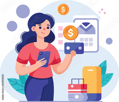 Young woman using smartphone for online shopping and digital payments with money icons and shopping bags vector illustration