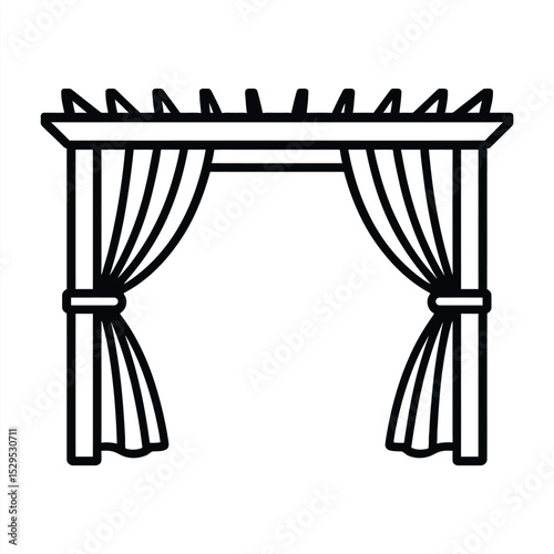 Elegant Pergola with Curtains: A timeless black and white depiction of a pergola adorned with gracefully draped curtains, ideal for outdoor events or garden sanctuaries.