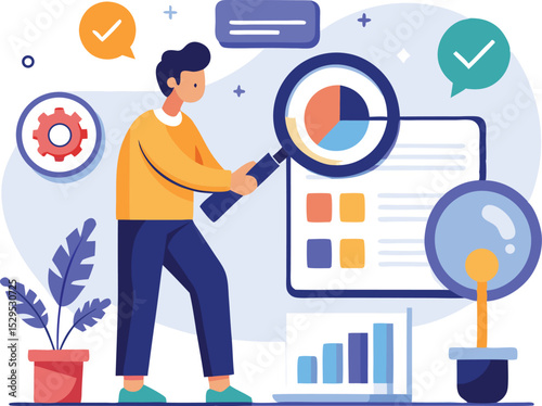 Business analyst examining data charts and graphs with magnifying glass for market research and financial analysis