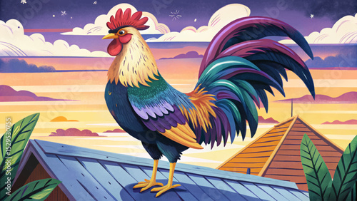 proud rooster standing tall on a barn rooftop at sunrise perfect for rural life, morning scenes, and farm-themed designs