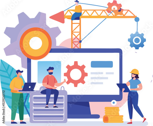 Team collaboration and software development concept with diverse workers around computer screen and construction crane