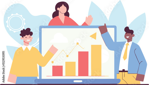 Business team analyzing data charts and graphs on laptop computer for company presentation and financial planning meeting