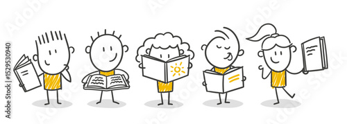 Strichfiguren / Strichmännchen: Lesen, Schulklasse, Schulbücher, Bücher, Lesung. (Nr. 866)