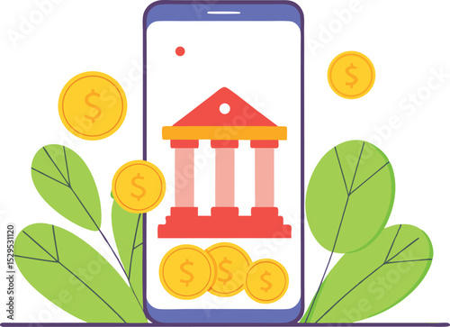 Mobile banking app with bank building and coins on smartphone screen vector illustration with green leaves background