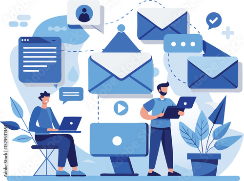Business team communication email marketing vector illustration with people working on laptops and digital messages
