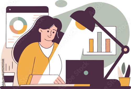 Woman working from home at desk with laptop computer and lamp in modern office workspace illustration