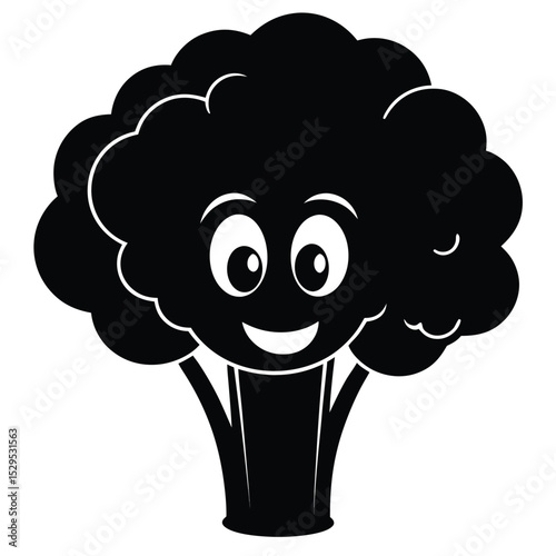 Smiling black broccoli vegetable features cartoon eyes and a happy expression in this cool art