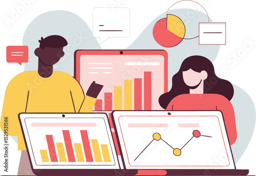 Business team analyzing data charts and graphs on laptops in modern office workspace vector illustration flat design style