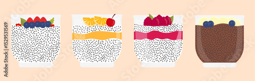 Set of Chia pudding in glass jar. Chia delicious dessert with cherry, strawberry, blueberry, banana, orange, raspberry. Healthy breakfast with chia seeds. Vector illustration.